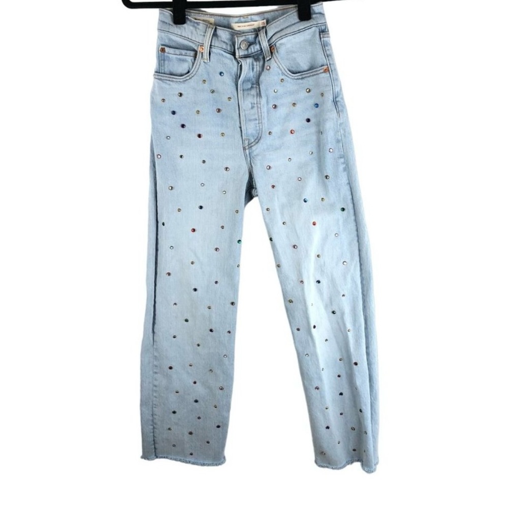 Levi's Premium Blue Light Wash Ribcage Straight Ankle Rhinestones Denim Jeans 25